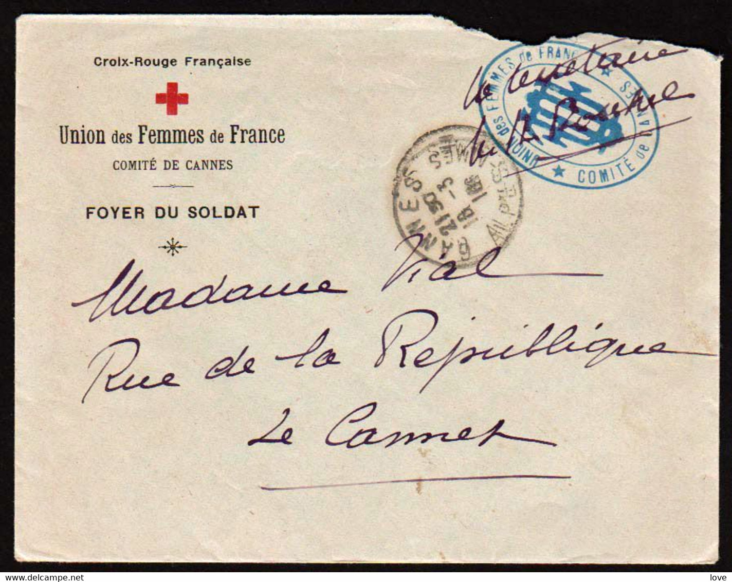 FRANCE Croix Rouge (Guerre 1914/18) Union Des Femmes De France (Cannes) Belle Lettre Illustrée.... - Croix Rouge