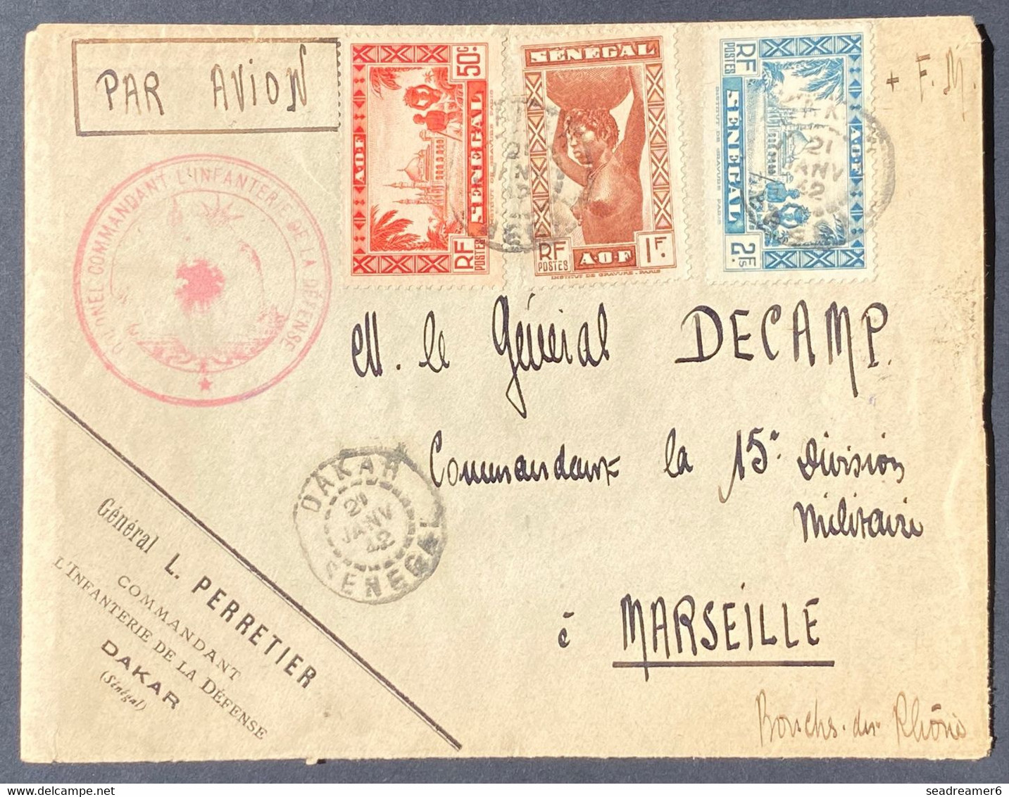 Lettre Troupes Françaises Au Sénégal D'un Général à Un Autre En FM Par Avion + Complément De Taxe Aérienne TTB - Sonstige & Ohne Zuordnung