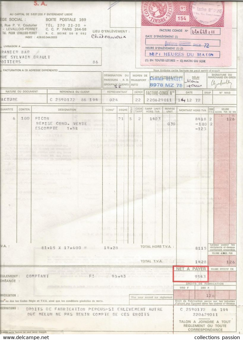 Facture Congé Modéle 4 C C Rose , 1972 , PICON , Levallois Perret , 225 X 315 Mm, 3 Scans ,  Frais Fr 1.65 E - 1950 - ...