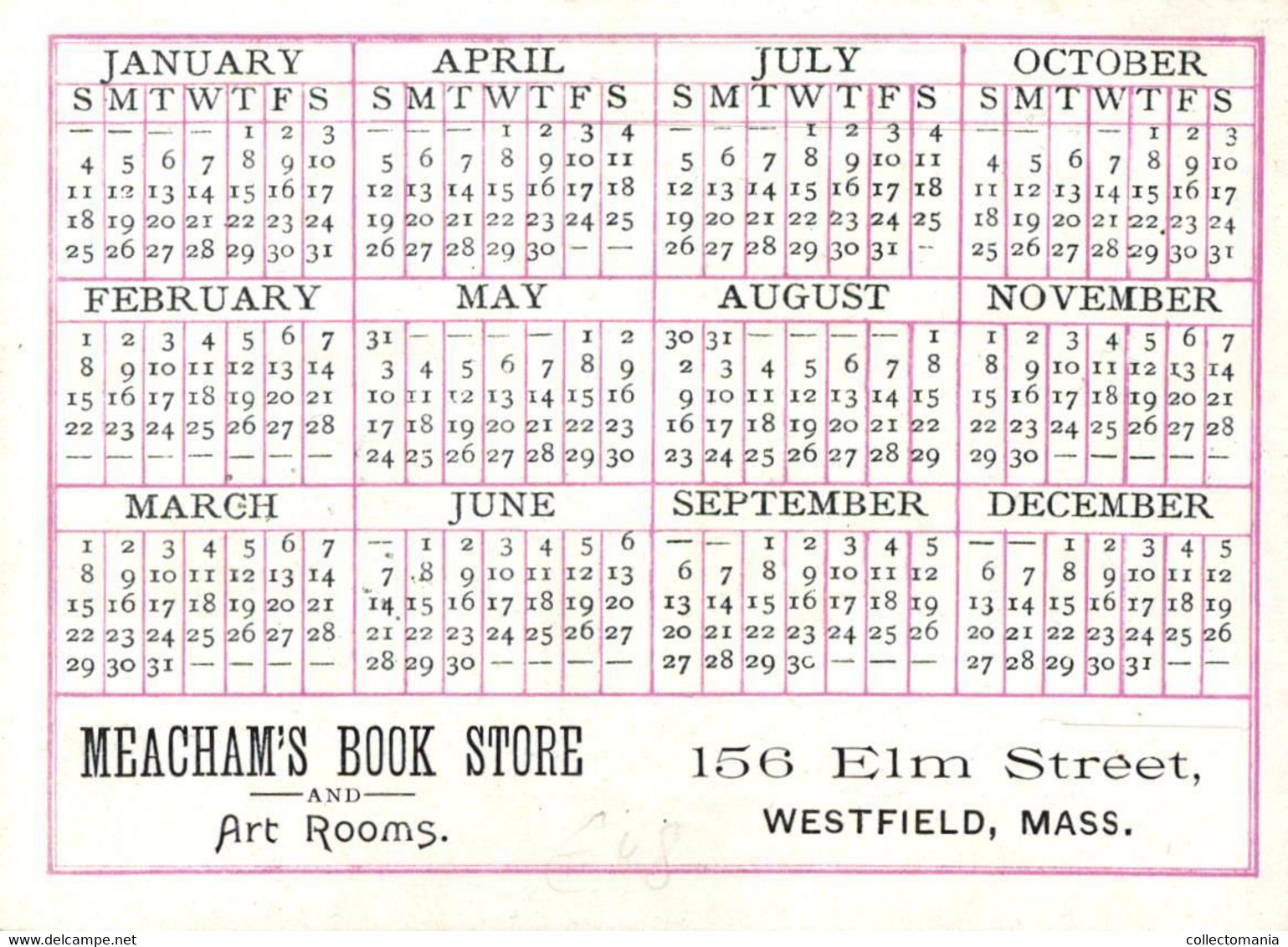 1 Calendrier 1891 Meacham's Book Store And Art Rooms  Elmstreet Westfield Massasuchets - Petit Format : ...-1900