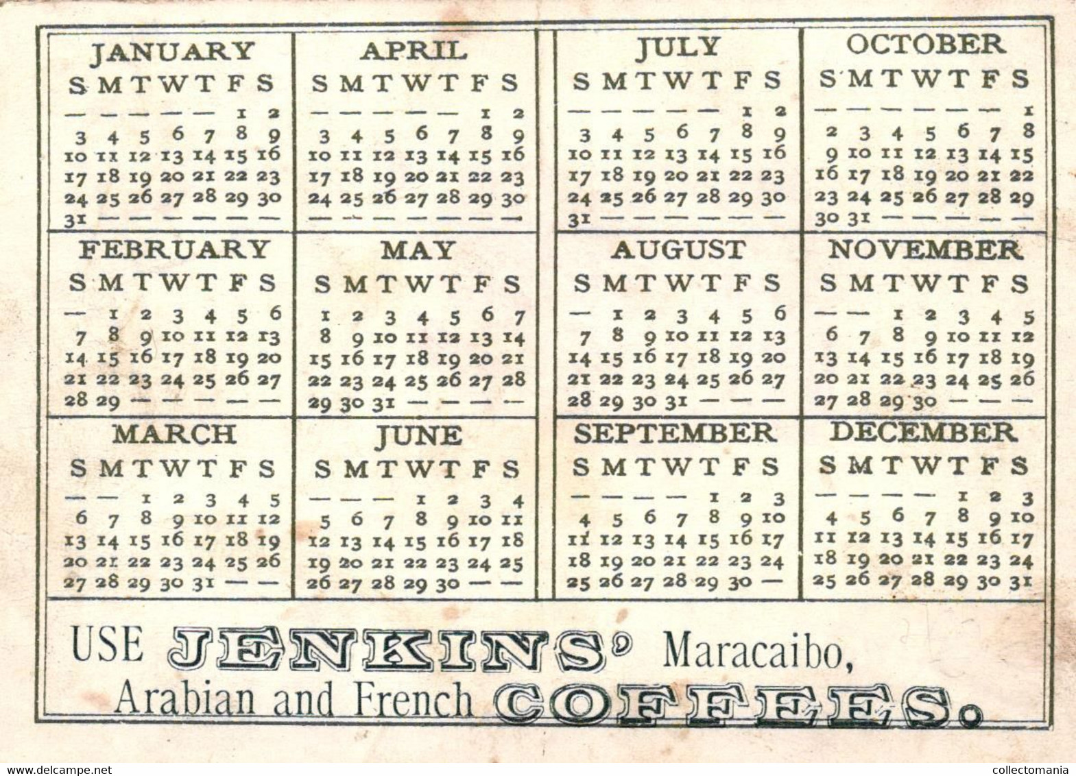 1 Calendrier 1892 Jenkins' Maracaibo Arabian & French Coffees - Kleinformat : ...-1900