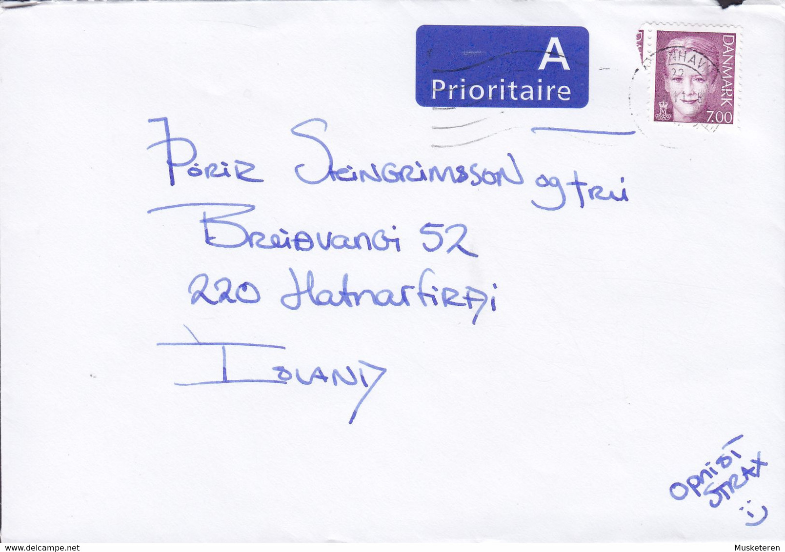 Denmark A PRIORITAIRE Label KØBENHAVN 2001? Cover Brief HAFNARFIRDI Iceland 7.00 Kr. Margrethe Stamp - Cartas & Documentos