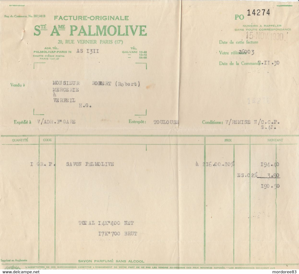 FACTURE PALMOLIVE PARIS 15/11/1930 - Droguerie & Parfumerie