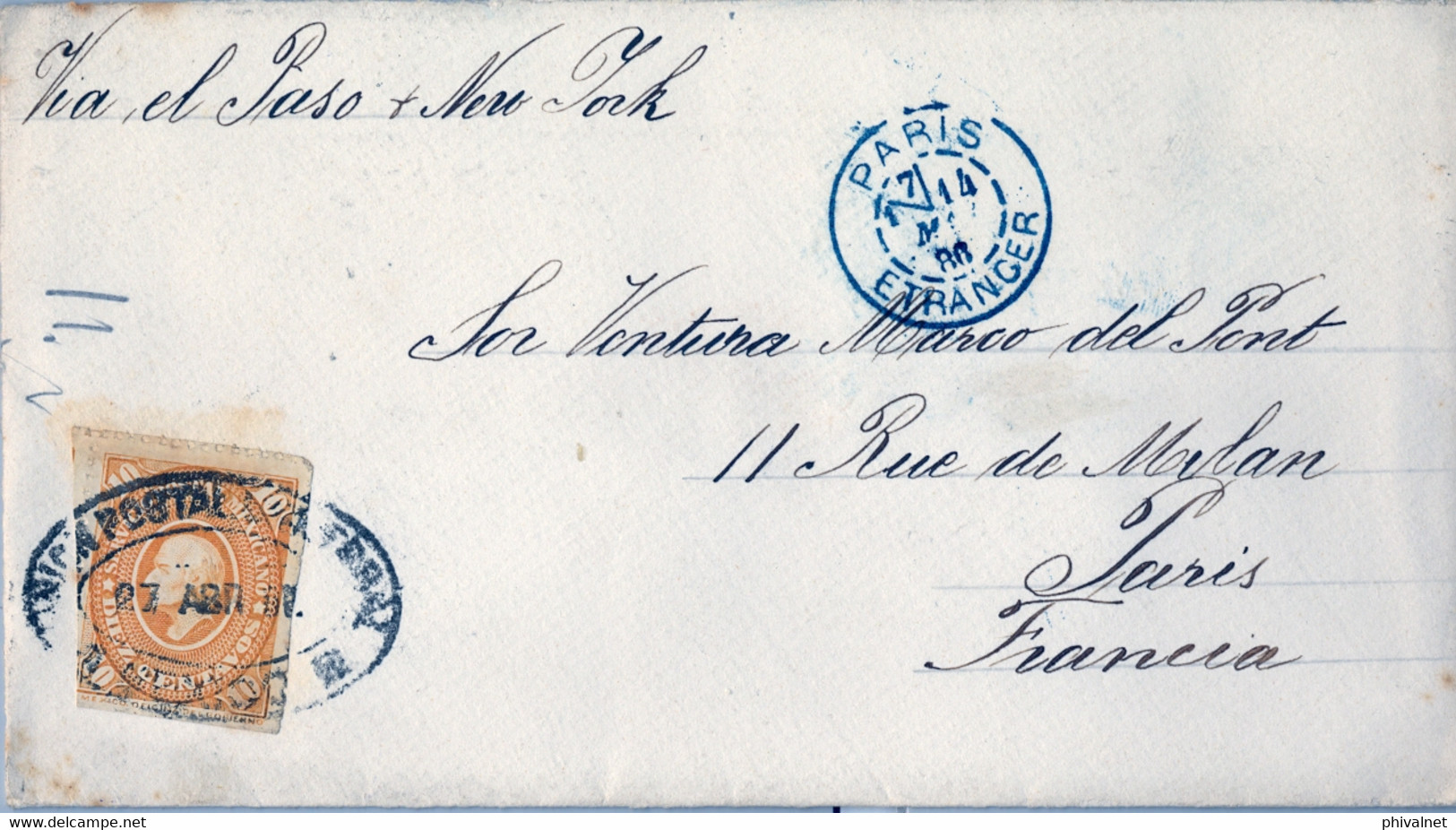 1886 MEXICO , MARITIME MAIL , CIRCULADO A PARIS , VIA EL PASO Y NEW YORK , TRÁNSITO , LLEGADA - Messico