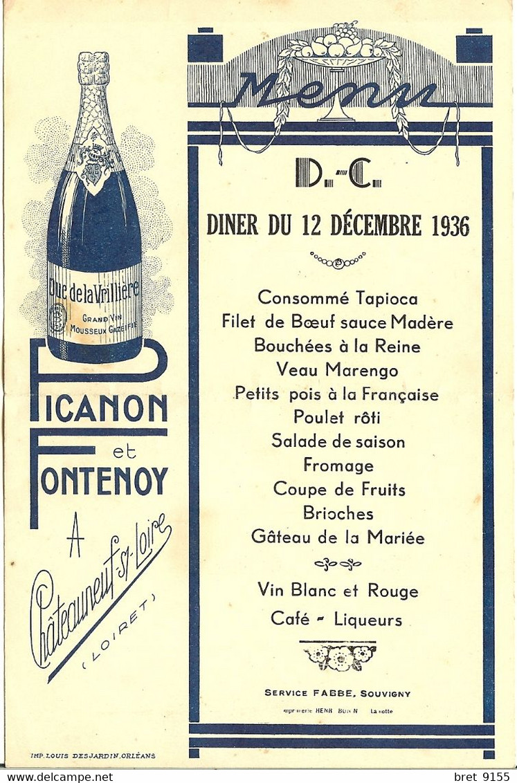 45 CHATEAUNEUF SUR LOIRE PICANON ET FONTENOY MENU SERVICE FABBE SOUVIGNY DU 12 DECEMBRE 1936 - Menú