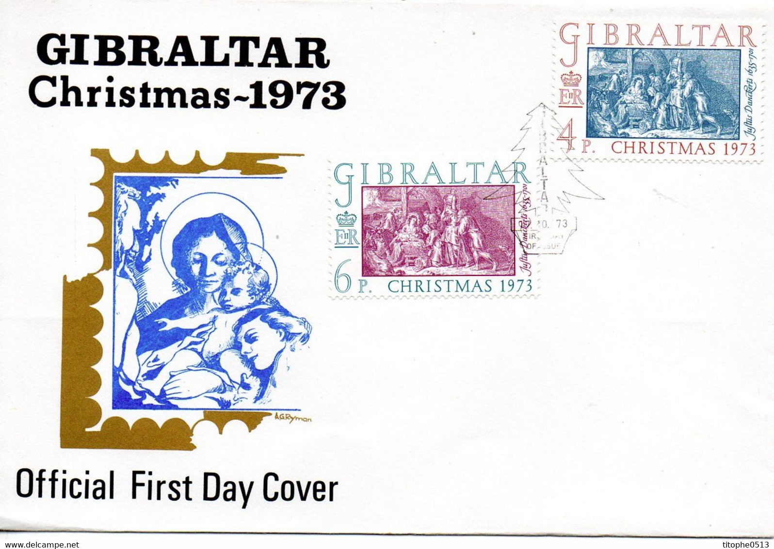 GIBRALTAR. N°301-2 De 1973 Sur Enveloppe 1er Jour. Noël/Gravure De Justus Danckerts. - Grabados