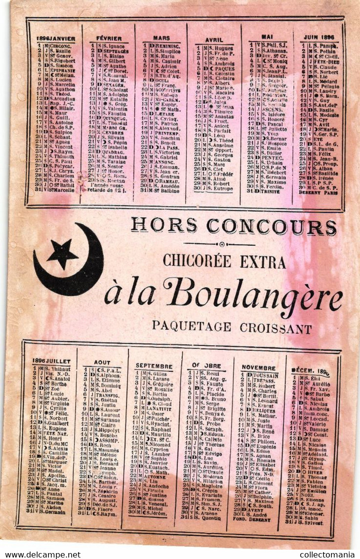 1 Calendrier 1896  A.Cardon - Duverger Ste Olle-lez-Cambrai Nord Chicorée à La Boulangère - Klein Formaat: ...-1900