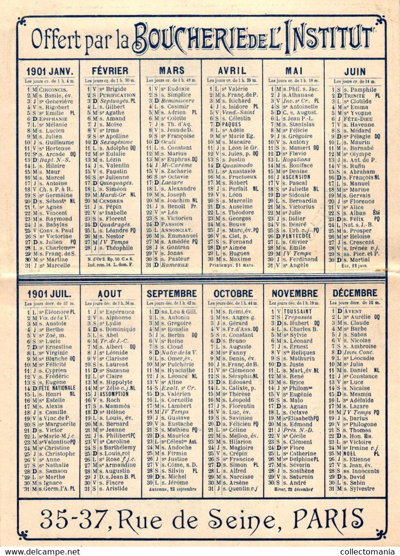 1 Calendrier 1901  Boucherie De L'Institut Delansaye Rue De Seine PARIS Spécialité De Filet,Faux-Filet Et De Pré - Salé - Formato Piccolo : 1901-20