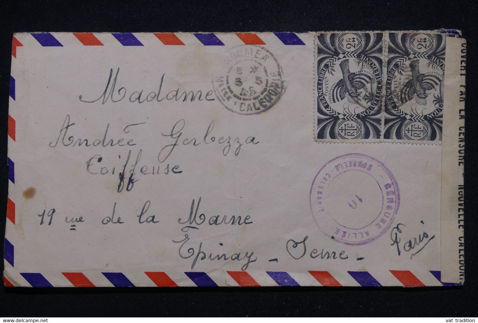 NOUVELLE CALÉDONIE - Enveloppe De Nouméa Pour La France En 1945 Avec Contrôle Postal - L 94752 - Lettres & Documents