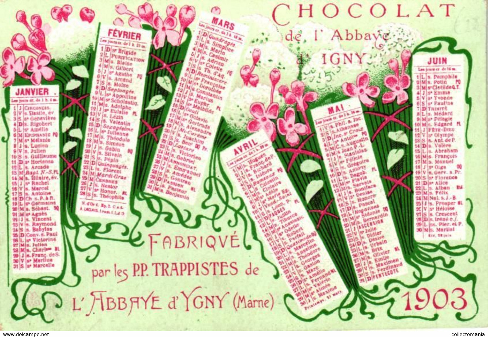 1 Calendrier 1903 Chocolat De L'Abbaye à IGNY Marne Fabriqué Par Les Trappistes - Petit Format : 1901-20