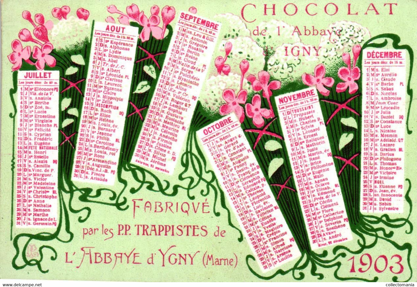 1 Calendrier 1903 Chocolat De L'Abbaye à IGNY Marne Fabriqué Par Les Trappistes - Petit Format : 1901-20