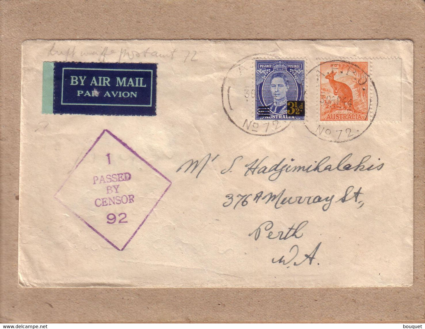 LETTRE AIR MAIL POUR PERTH AUSTRALIE CAD " A. F. P. O. N° 72 " TIMBRES GEORGES VI 3 1/2 D ET KANGOROO 1/2 D CENSOR 1944 - Briefe U. Dokumente