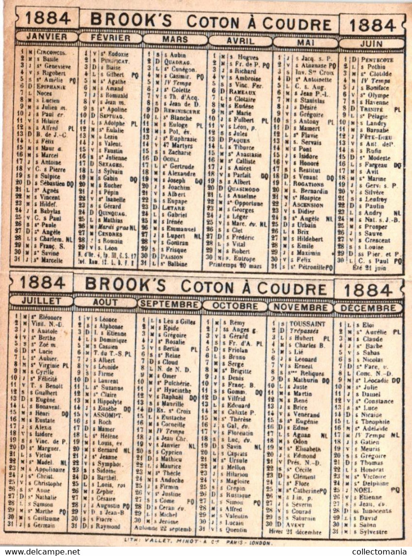 1 Calendrier 1884 BROOKS Cotons Pour Machines à Coudre Crochet Et Broder - Small : ...-1900