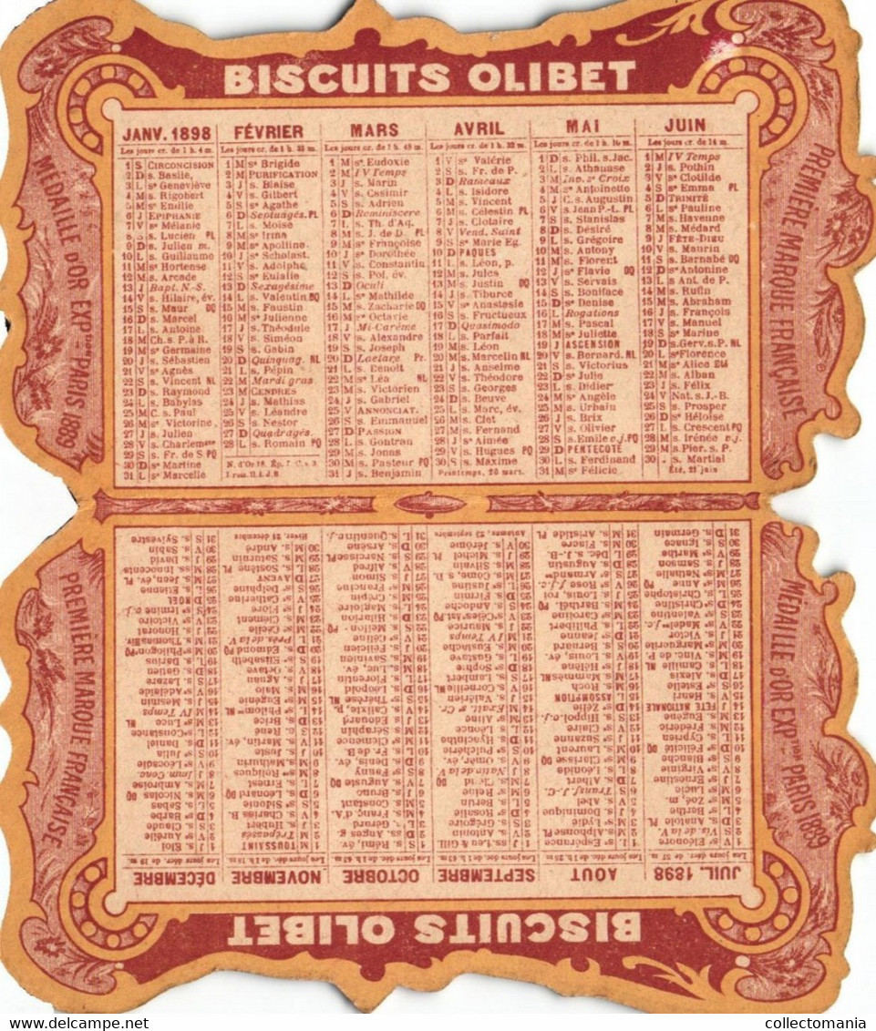 1 Calendrier 1898 Biscuits Olibet - Petit Format : ...-1900