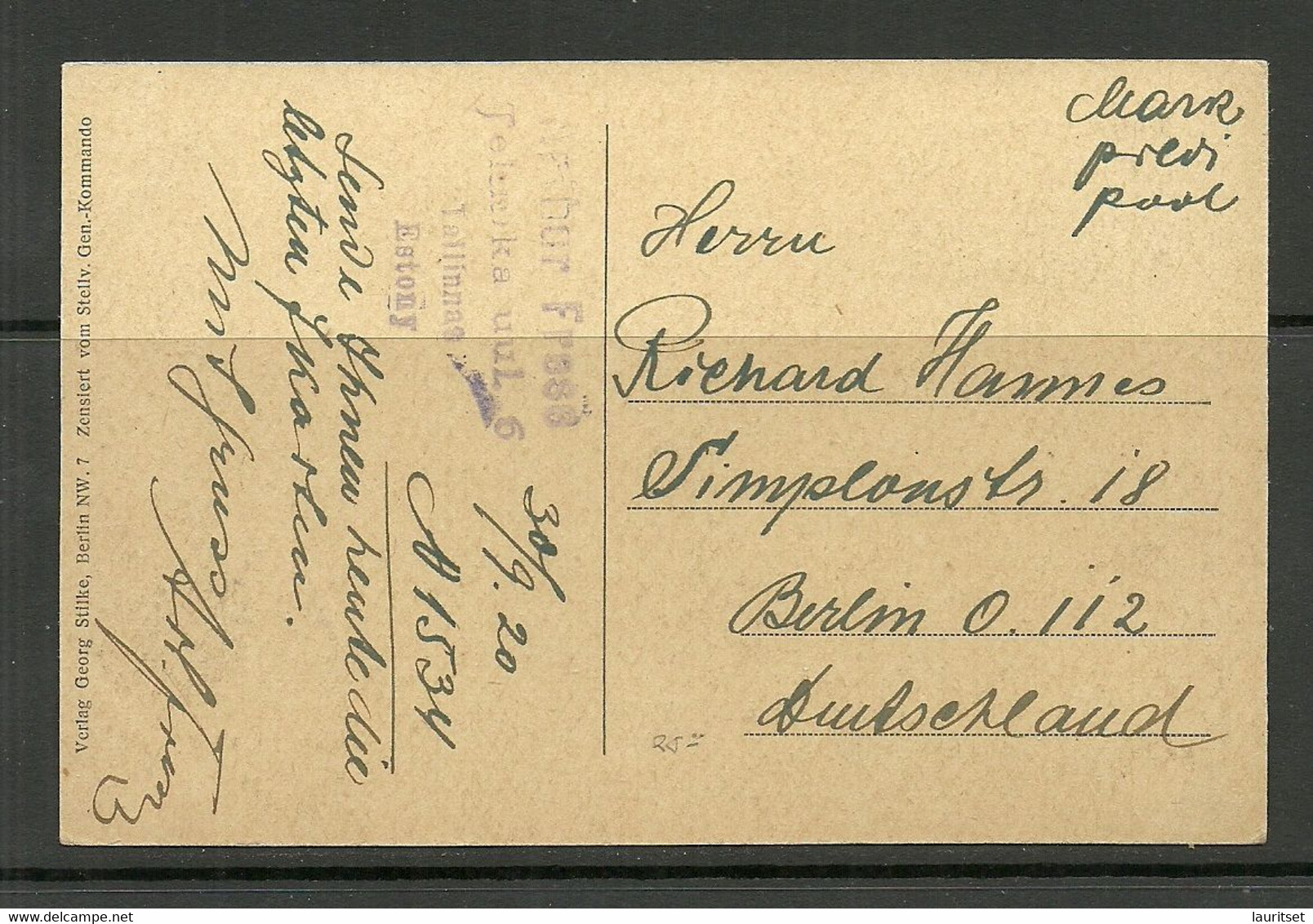 Estland Estonia 1920 O Tallinn Post Card To Germany Michel 6  & 8 & 10 & 15 - Estland