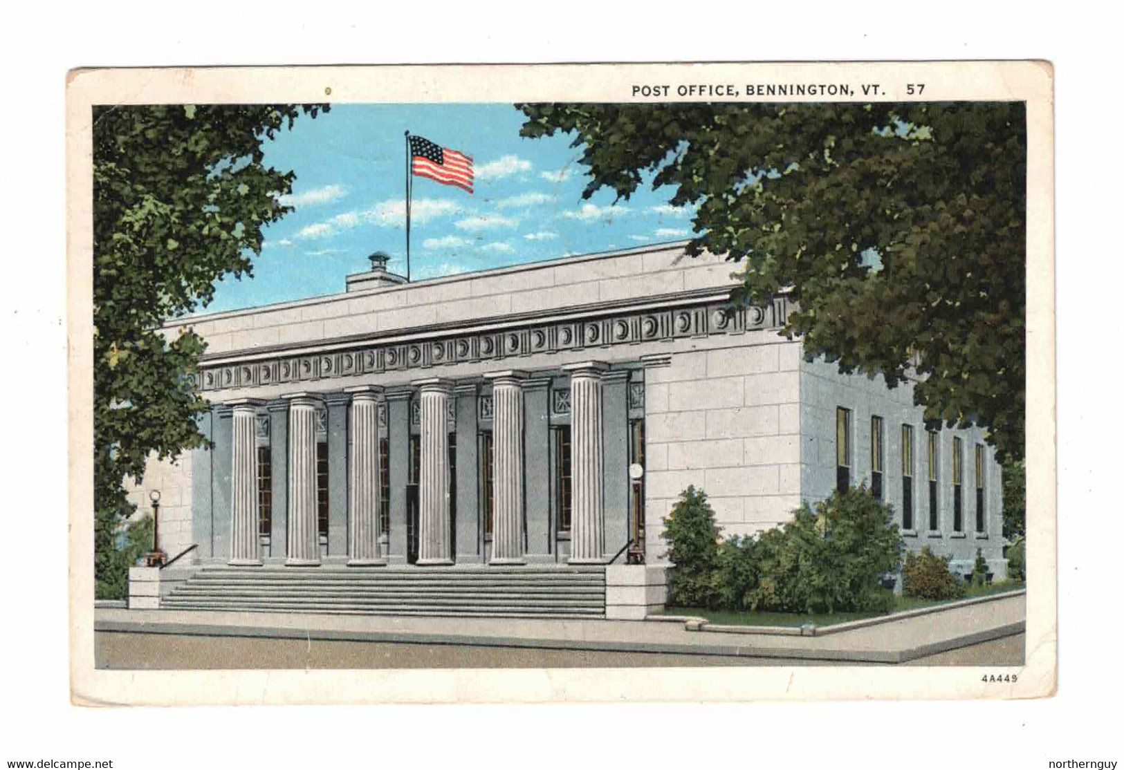 Bennington, Vermont, USA, "Post Office, Bennington, Vt.". 1936 White Border Postcard - Bennington