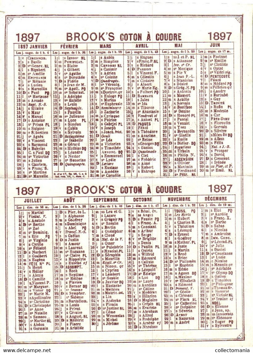 1 Calendrier 1897   BROOK's Coton à Coudre Crochet à Broder Marque JBB De Fabrique  Ceuillette De Coton - Tamaño Pequeño : ...-1900