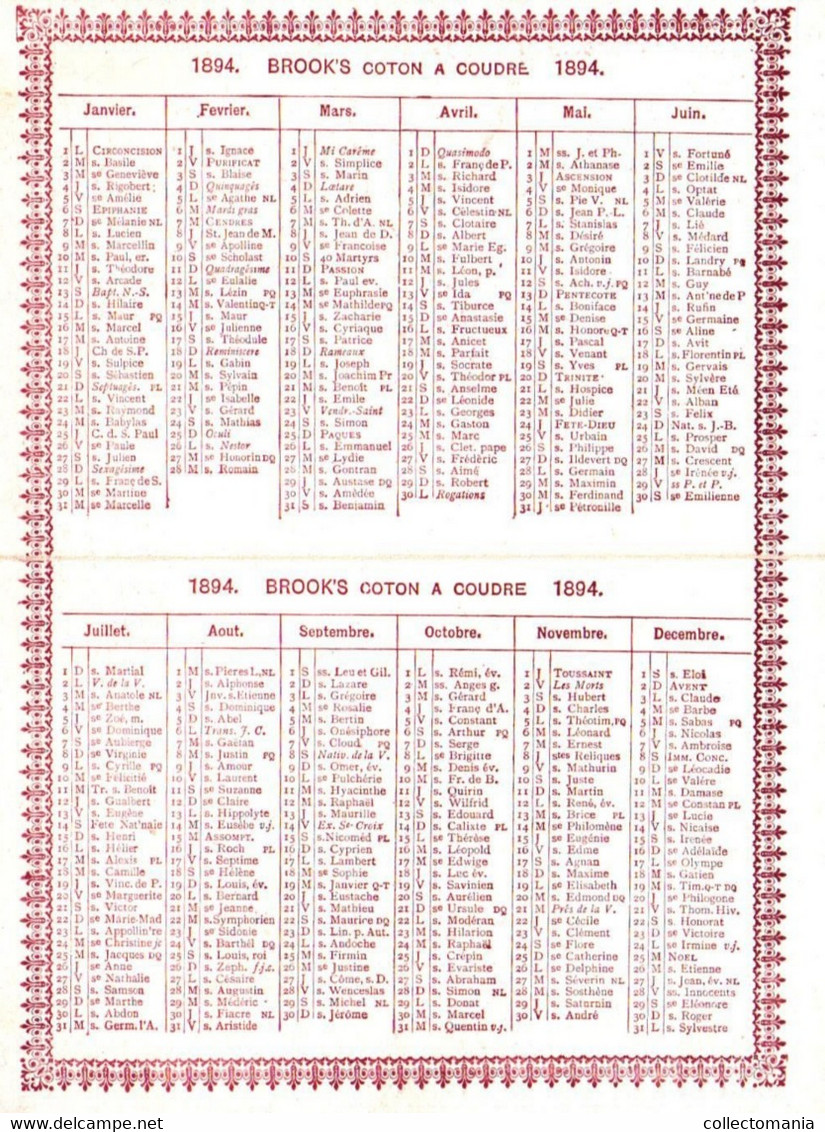 1 Calendrier 1894  BROOK's Coton à Coudre Crochet à Broder Marque JBB De Fabrique - Kleinformat : ...-1900