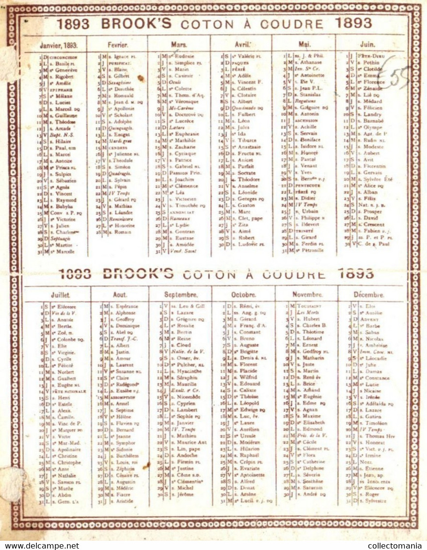 1 Calendrier 1893  BROOK's Coton à Coudre Crochet à Broder Marque JBB De Fabrique - Tamaño Pequeño : ...-1900