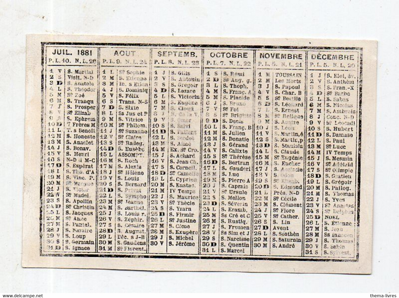 Calendrier  1881  Illustré Non Publicitaire  (PPP28212) - Small : ...-1900