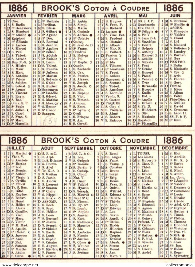 1 Calendrier 1886  BROOK's Coton à Coudre Crochet à Broder Marque JBB De Fabrique Lith.Testu & Massin - Formato Piccolo : ...-1900