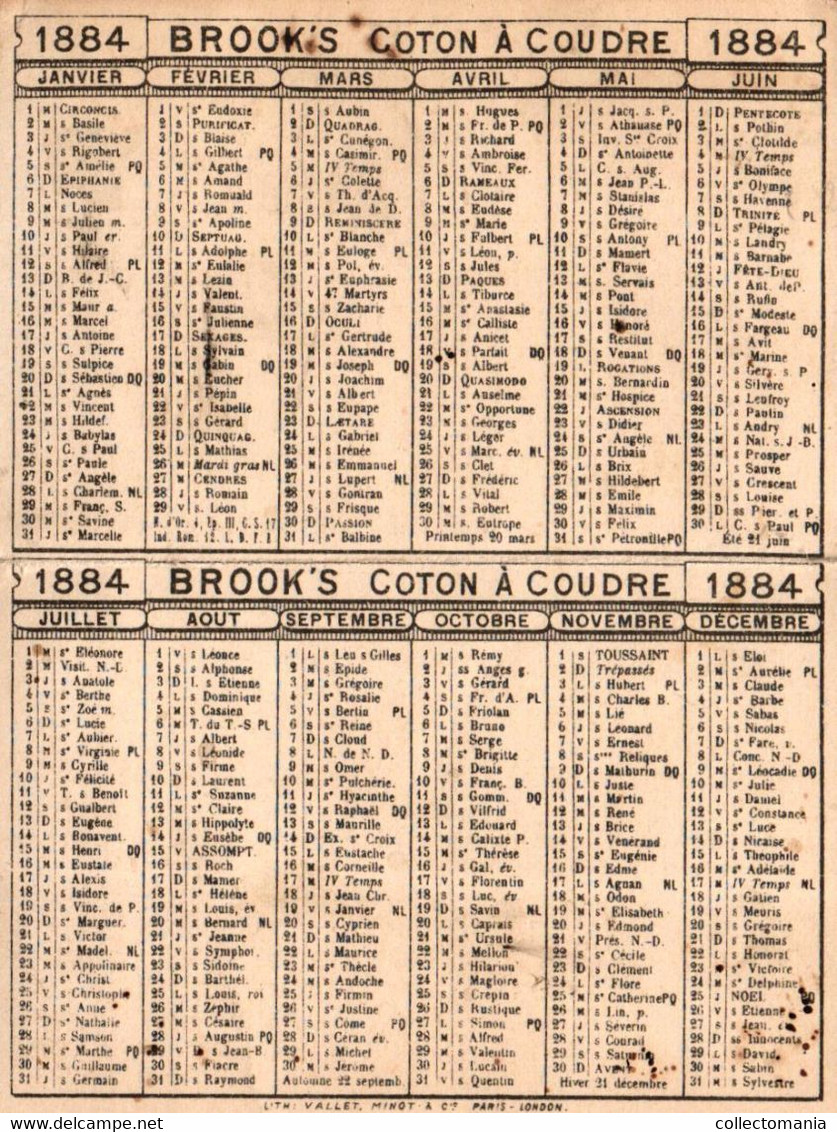 1 Calendrier 1886  BROOK's Coton à Coudre Crochet à Broder Marque JBB De Fabrique Lith.Vallet Minot - Kleinformat : ...-1900