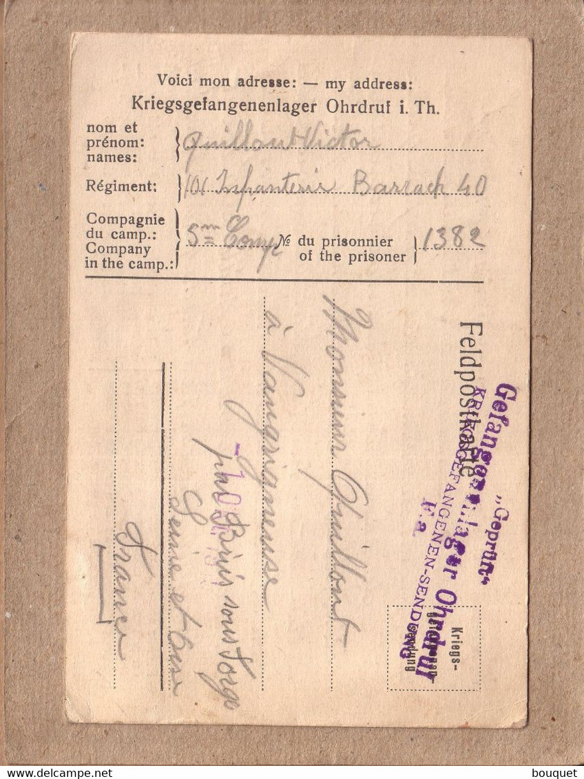 ALLEMAGNE ESSONNE - KRIEGSGEFANGENENSENDUNG - CARTE CAMP DE OHRDRUF SOLDAT QUILLOUT POUR VAUGRIGNEUSE + CONTRÔLE - 1916 - Lettres & Documents