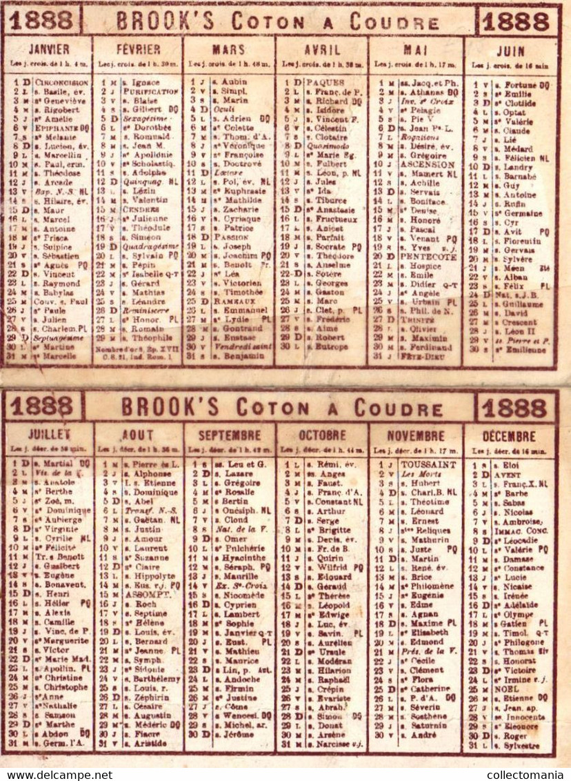 1 Calendrier 1888  BROOK's Coton à Coudre Crochet à Broder Marque JBB De Fabrique Lith. Minot - Petit Format : ...-1900