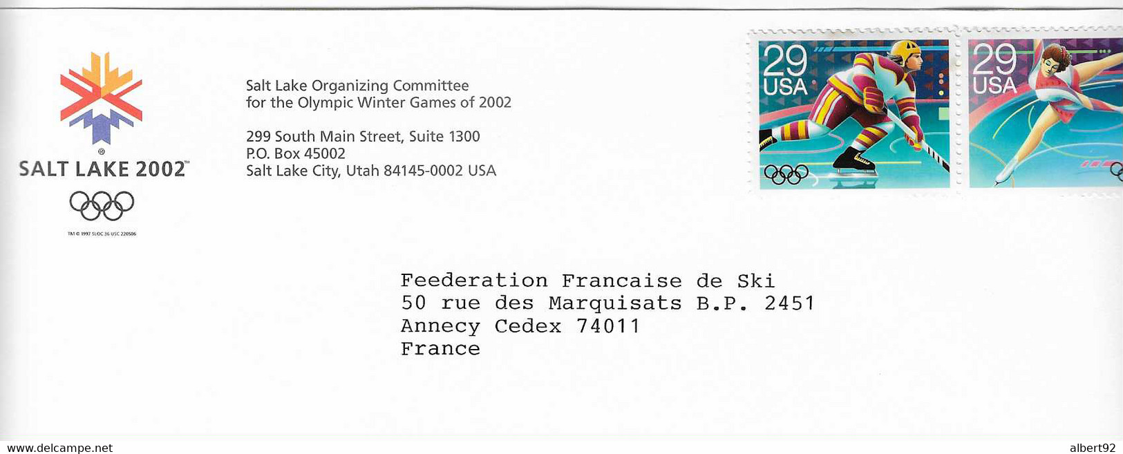 2002 Jeux Olympiques D'Hiver De Salt Lake City: Courrier Du Comité D'Organisation Vers La Fédération Française De Ski - Hiver 2002: Salt Lake City