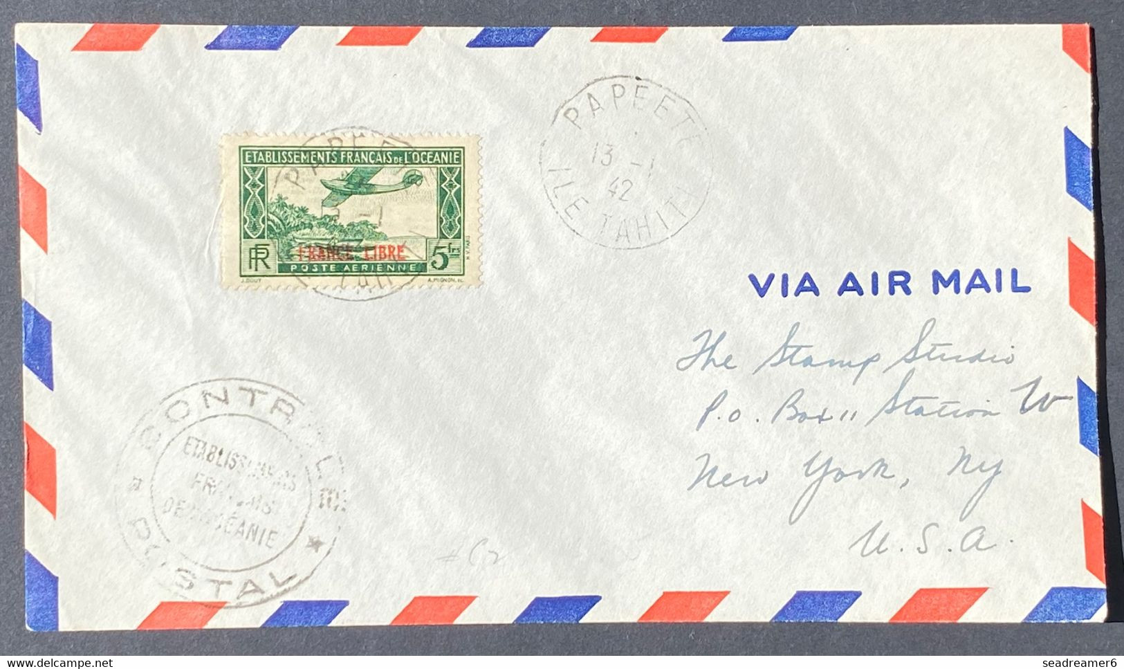 Océanie Lettre 1941 Poste Aérienne N°3 Surchargé France Libre Obl De Papeete / Ile Tahiti  + Censure Pour Les USA TTB - Lettres & Documents