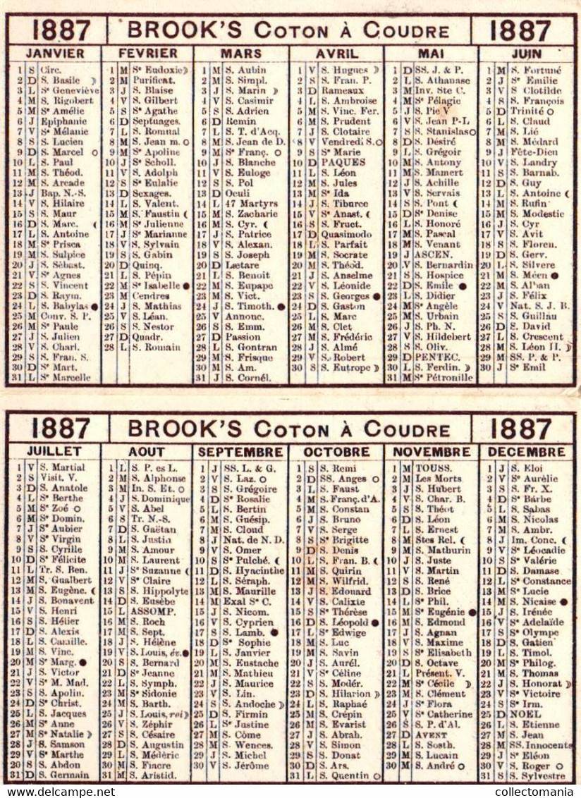 1 Calendrier 1887  BROOK's Coton à Coudre Crochet à Broder Marque JBB De Fabrique Lith. Minot - Kleinformat : ...-1900