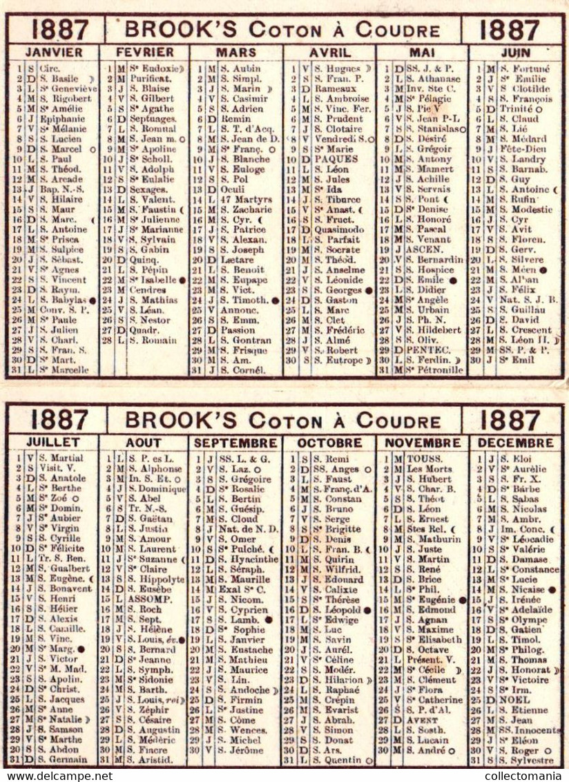 1 Calendrier 1887  BROOK's Coton à Coudre Crochet à Broder Marque JBB De Fabrique Lith. Minot - Small : ...-1900