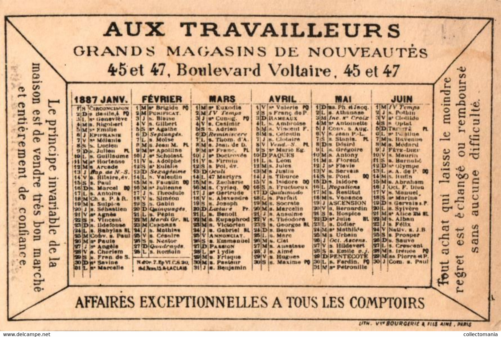 4  Calendriers  1887  Aux Travailleurs  Magasins De Nouveautés Bld. Voltaire Lith. Bourgerie Militaires Souaves Marine - Kleinformat : ...-1900