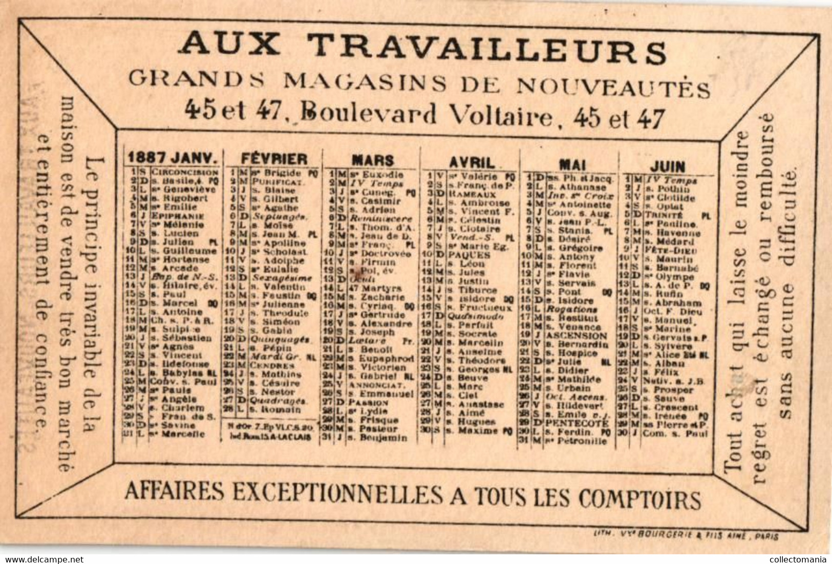 4  Calendriers  1887  Aux Travailleurs  Magasins de Nouveautés Bld. Voltaire Lith. Bourgerie Militaires Souaves Marine