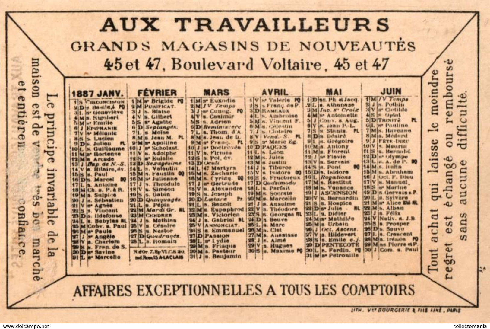 4  Calendriers  1887  Aux Travailleurs  Magasins de Nouveautés Bld. Voltaire Lith. Bourgerie Militaires Souaves Marine