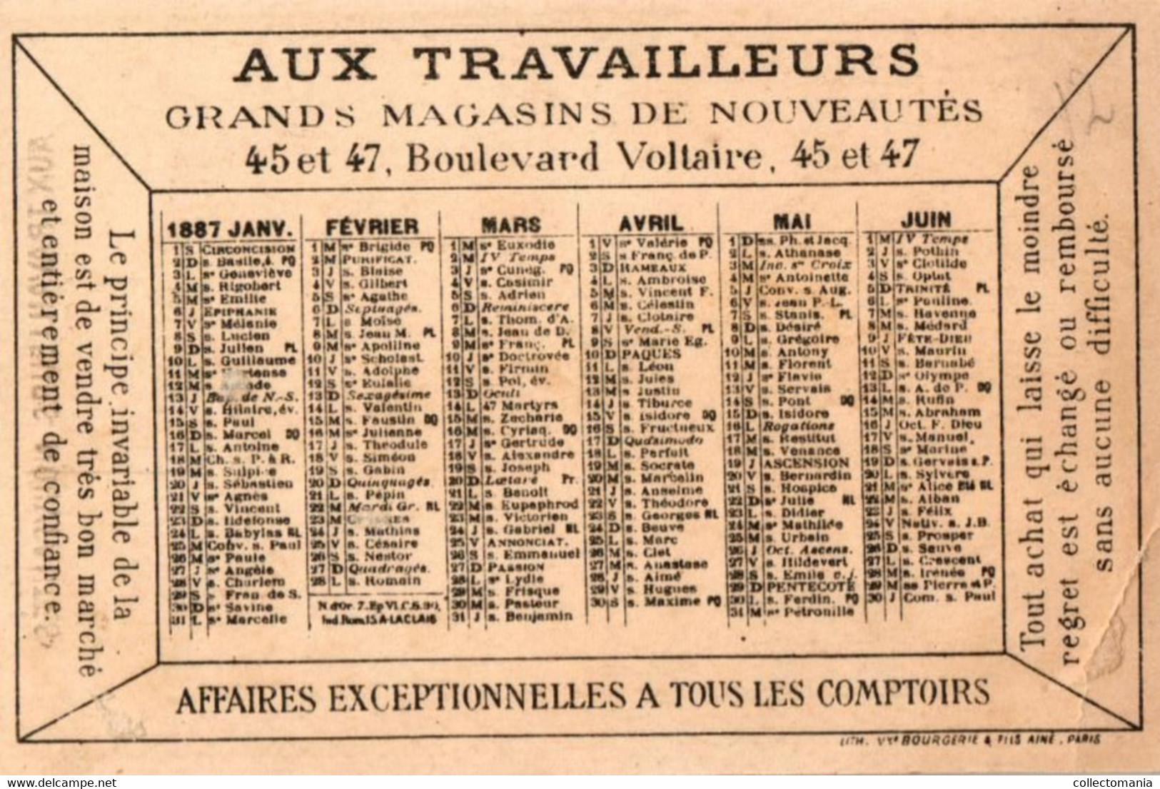 4  Calendriers  1887  Aux Travailleurs  Magasins de Nouveautés Bld. Voltaire Lith. Bourgerie Militaires Souaves Marine