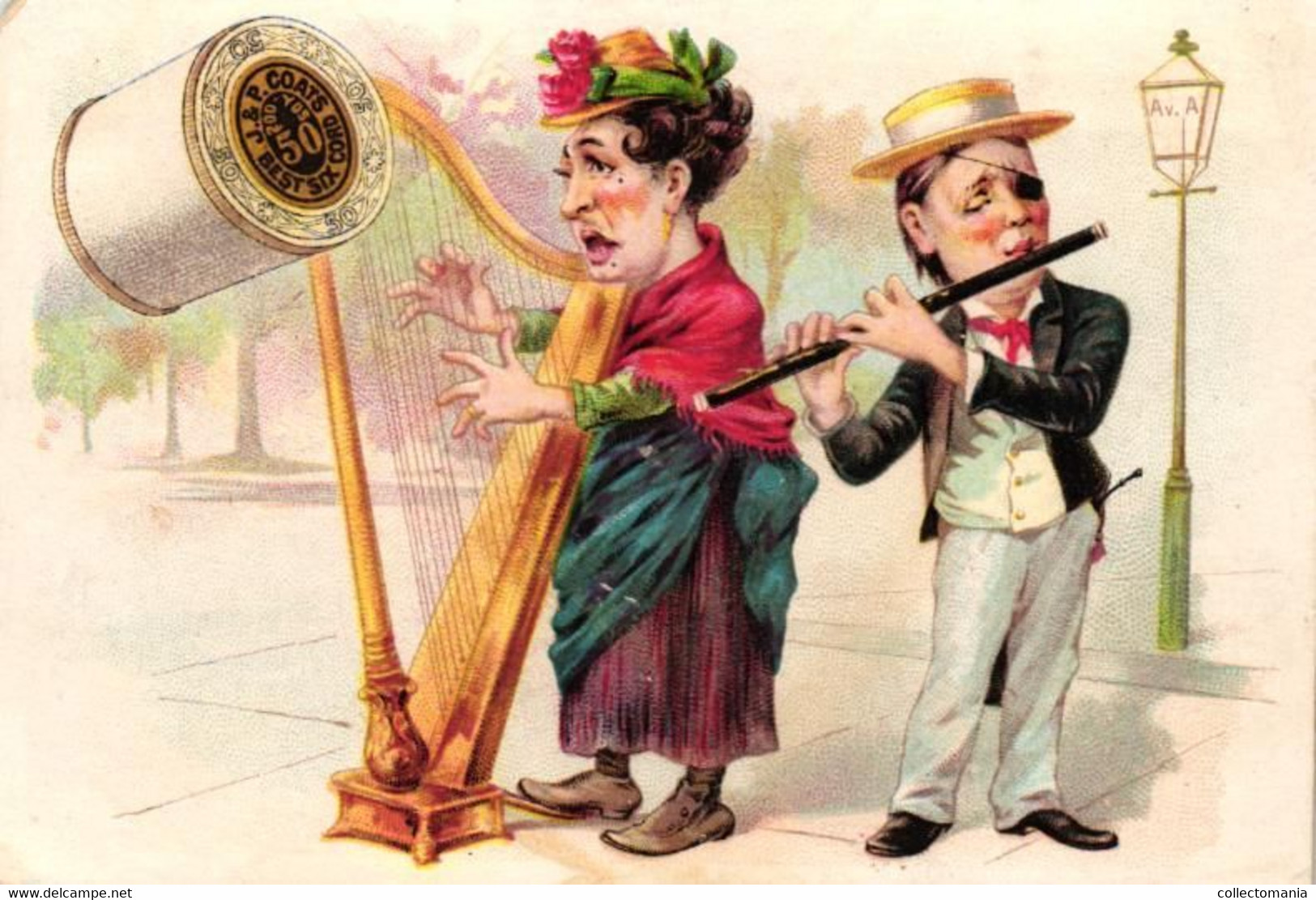 1 Calendrier 1890 J.P. Coats  Harpiste Dwarsfluit Muziekanten Musique Street Music Naaigaren - Litho Schumacher Ettlinge - Petit Format : ...-1900