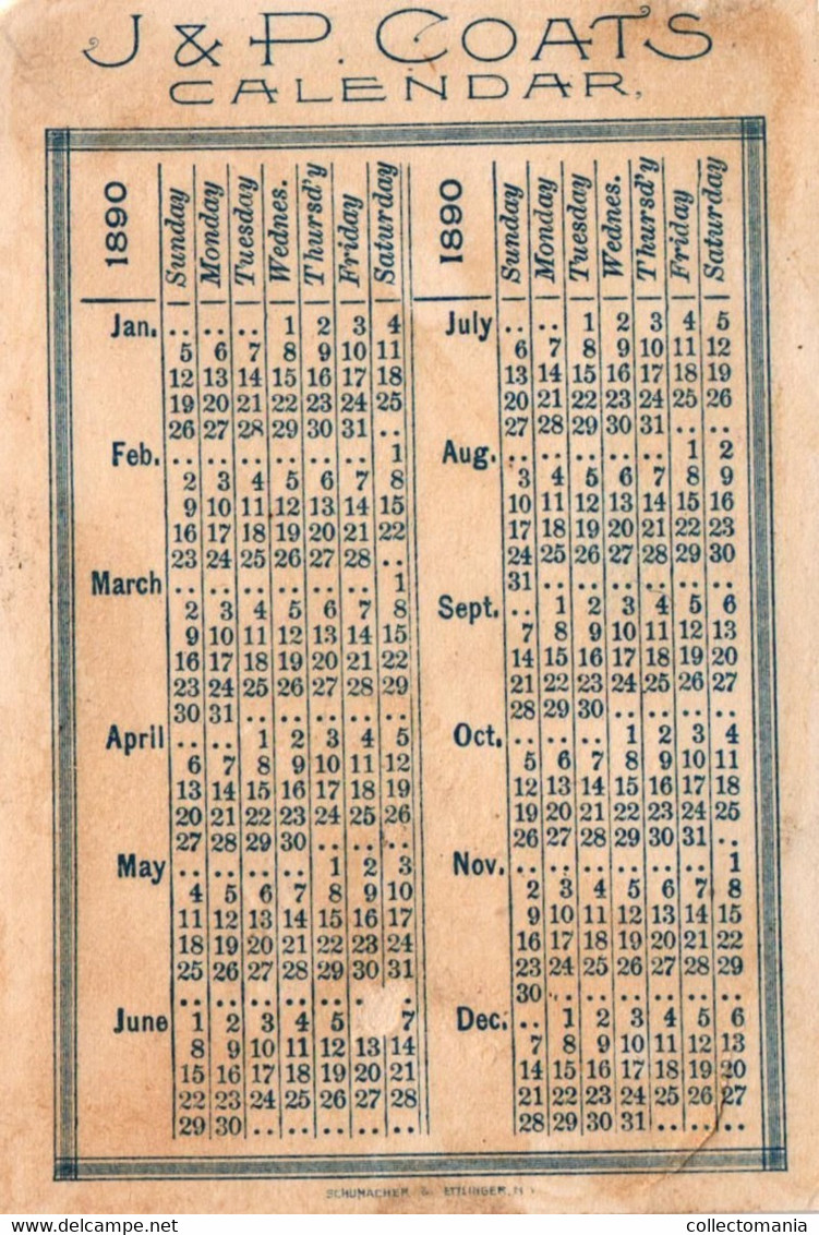 1 Calendrier 1890 J.P. Coats  Harpiste Dwarsfluit Muziekanten Musique Street Music Naaigaren - Litho Schumacher Ettlinge - Petit Format : ...-1900