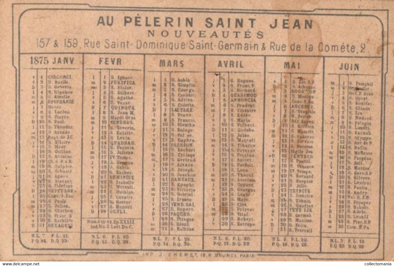 2 Cards Calendrier 1875  Au Pellerin St. Jean  Elysée  Litho Imprimeur Cheret - Petit Format : ...-1900