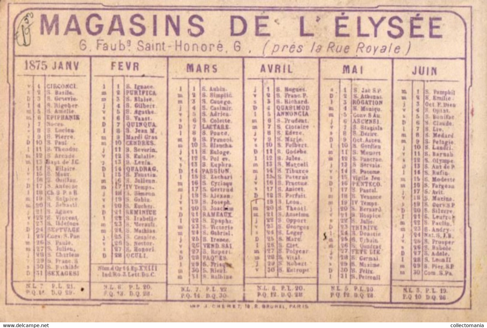 2 Cards Calendrier 1875  Au Pellerin St. Jean  Elysée  Litho Imprimeur Cheret - Tamaño Pequeño : ...-1900