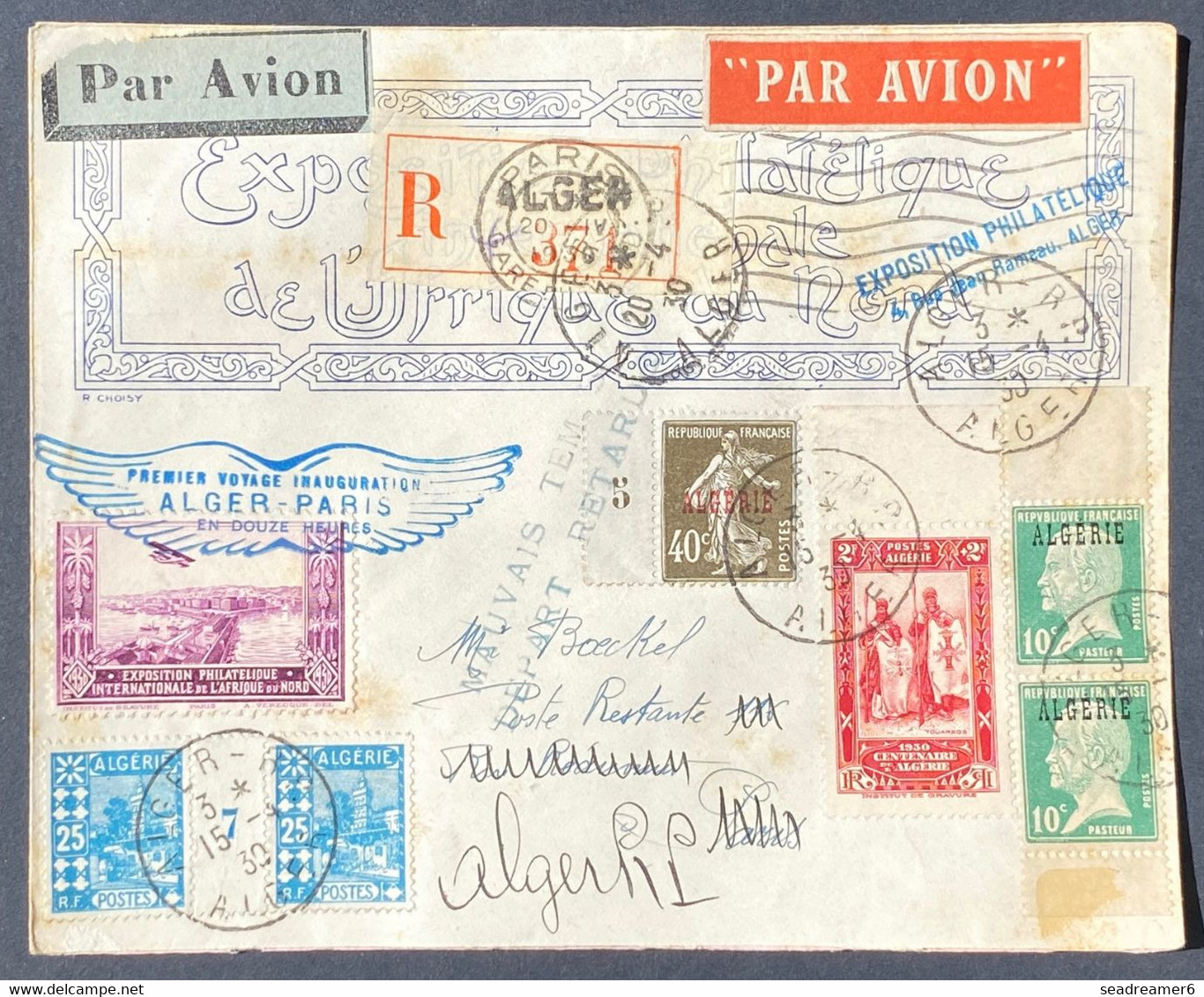 Algérie Lettre Griffe Ailée En Bleue "1er Voyage Inauguration Alger Paris En Douze Heures" Le 15/04/1930  TTB - Airmail