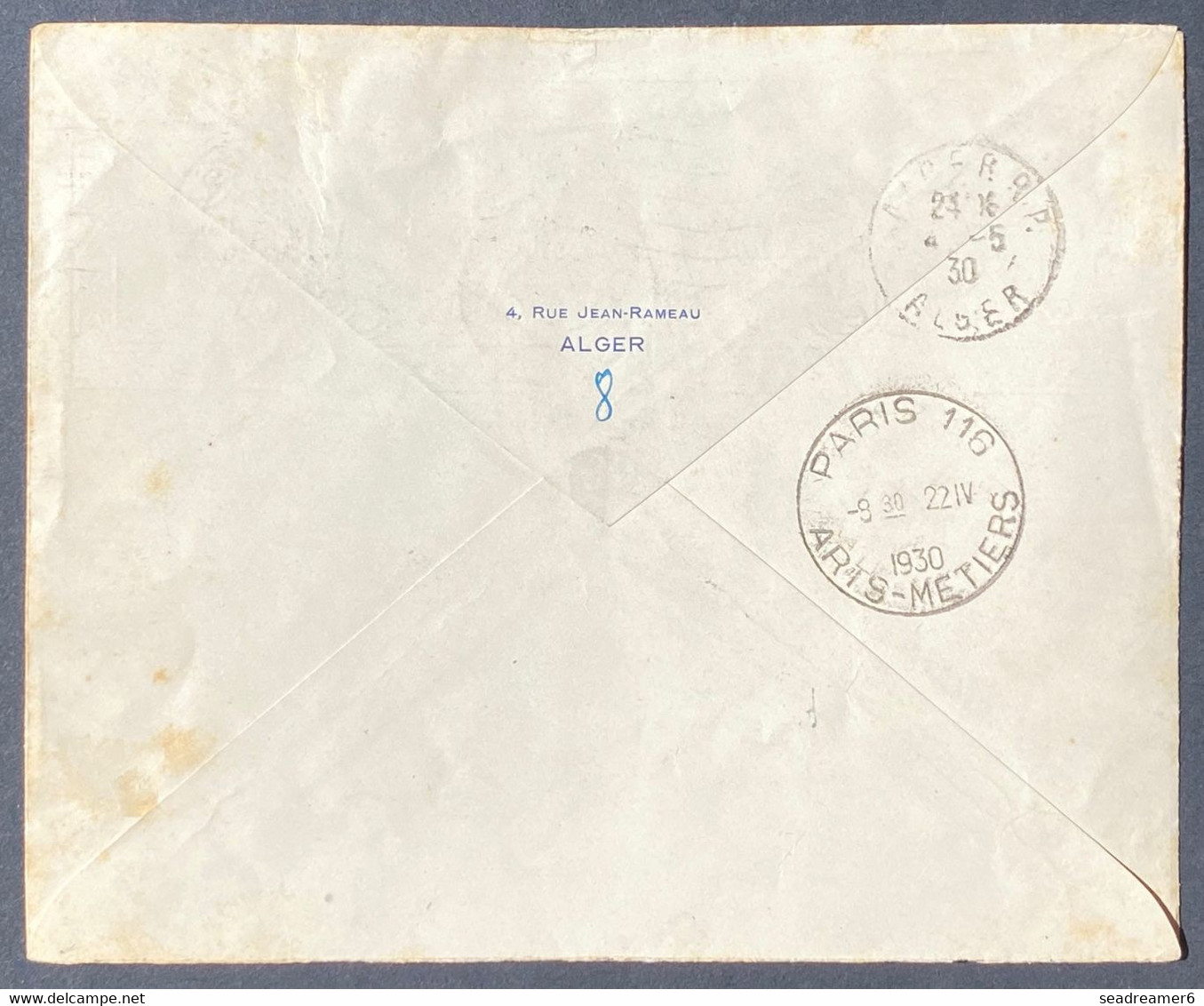 Algérie Lettre Griffe Ailée En Bleue "1er Voyage Inauguration Alger Paris En Douze Heures" Le 15/04/1930  TTB - Airmail