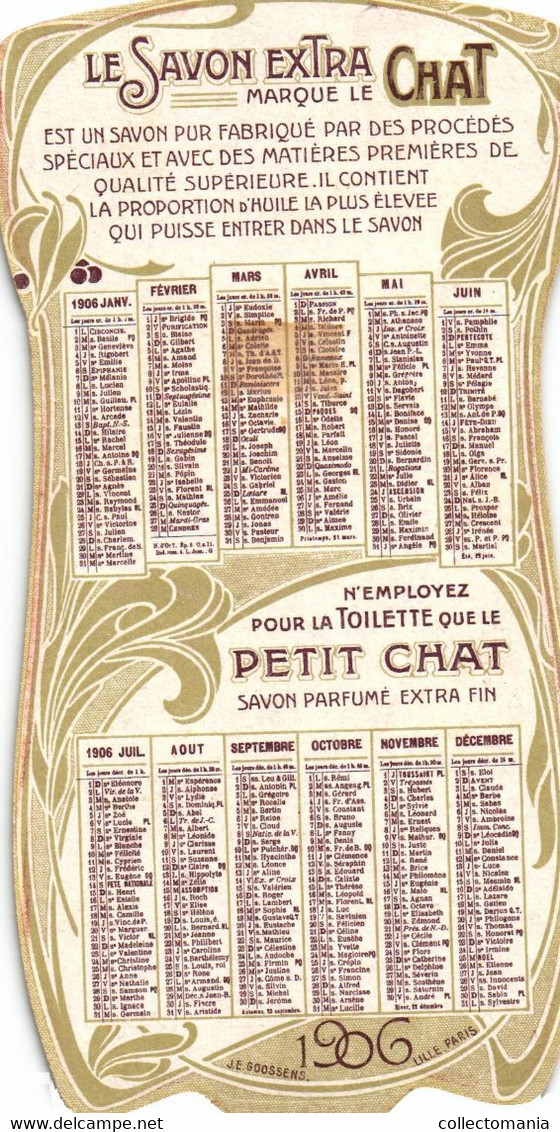 1 Calendrier 1906 Savon Le Chat  Travers Le Monde   Tonkin Lith. Goossens - Petit Format : 1901-20