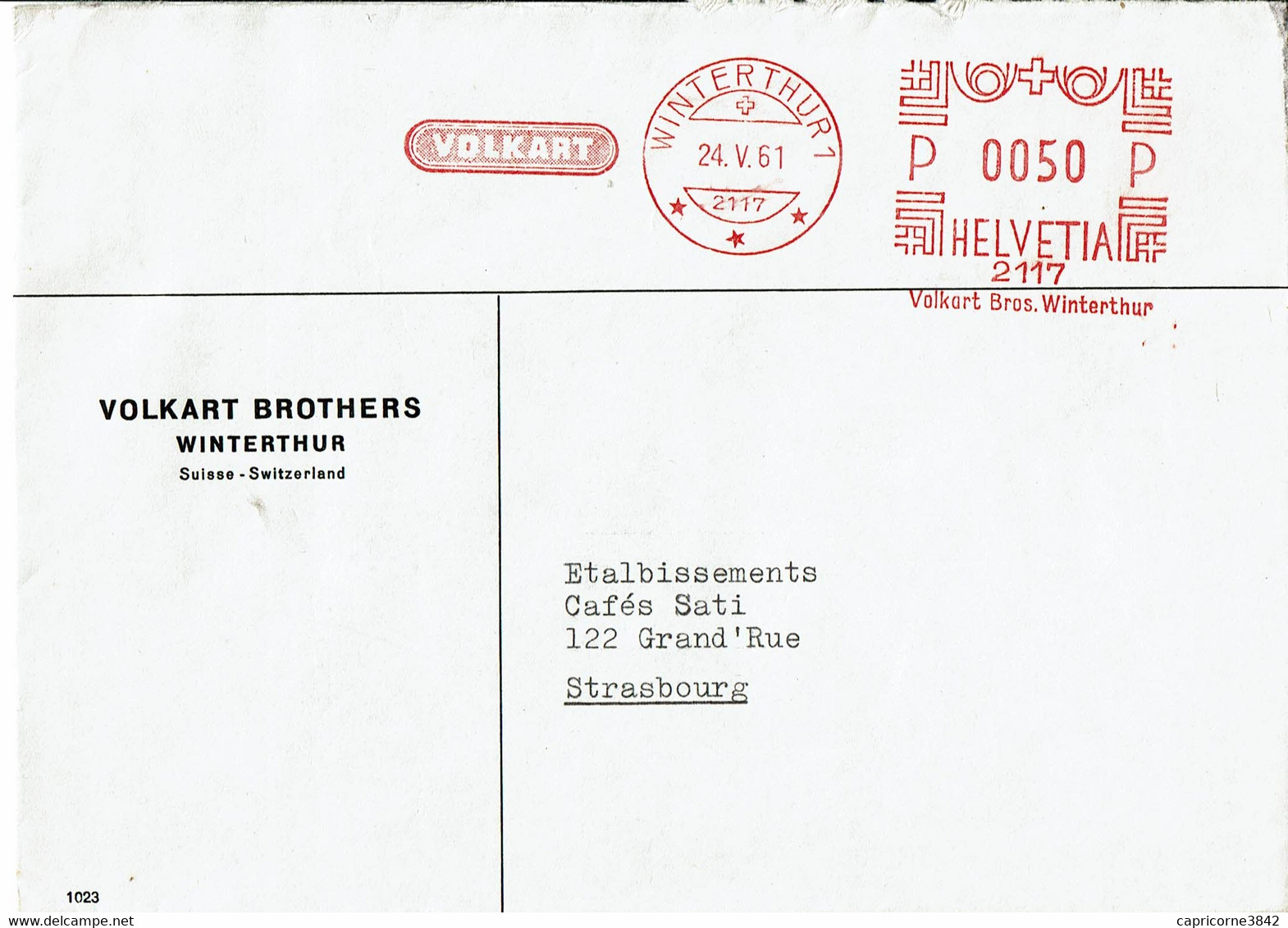 1961 - Suisse - Lettre De WINTERTHUR 1 Pour Strasbourg - Machine Meter De La Sociéte Volkart - Máquinas De Franquear