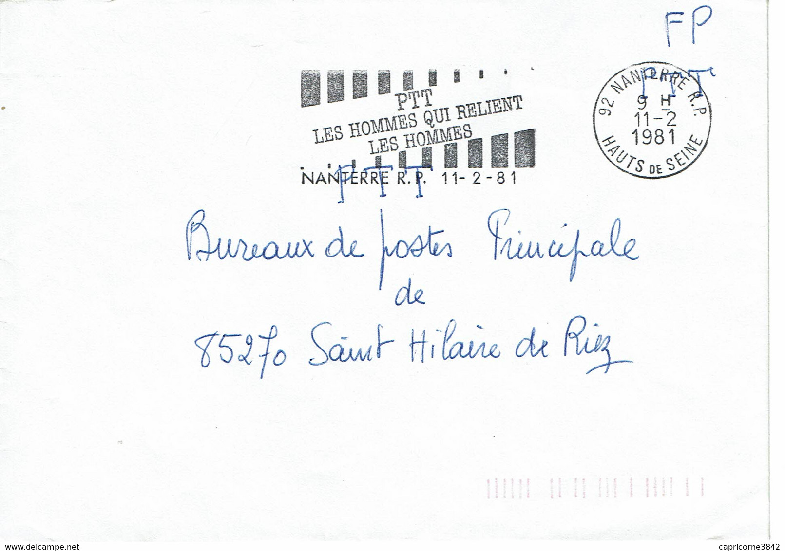 1981 - Oblitération Sécap De Nanterre R.P. "PTT LES HOMMES QUI RELIENT LES HOMMES" - Franchisse Postale Des PTT - Civil Frank Covers