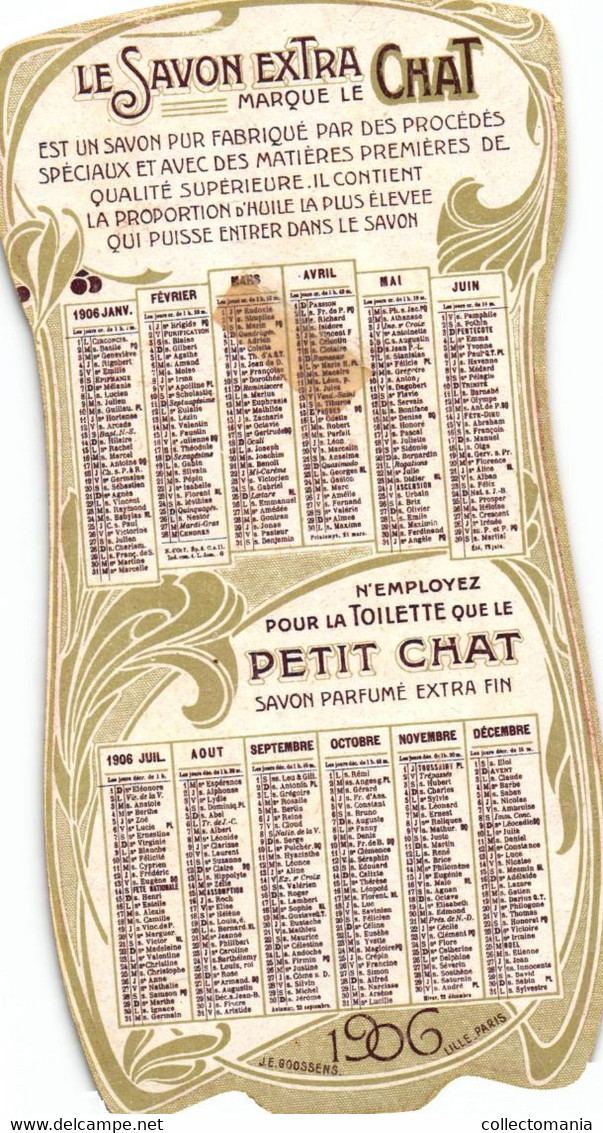 1 Calendrier 1906 Savon Le Chat  Travers Le Monde   Sénégal  Lith. Goossens - Petit Format : 1901-20