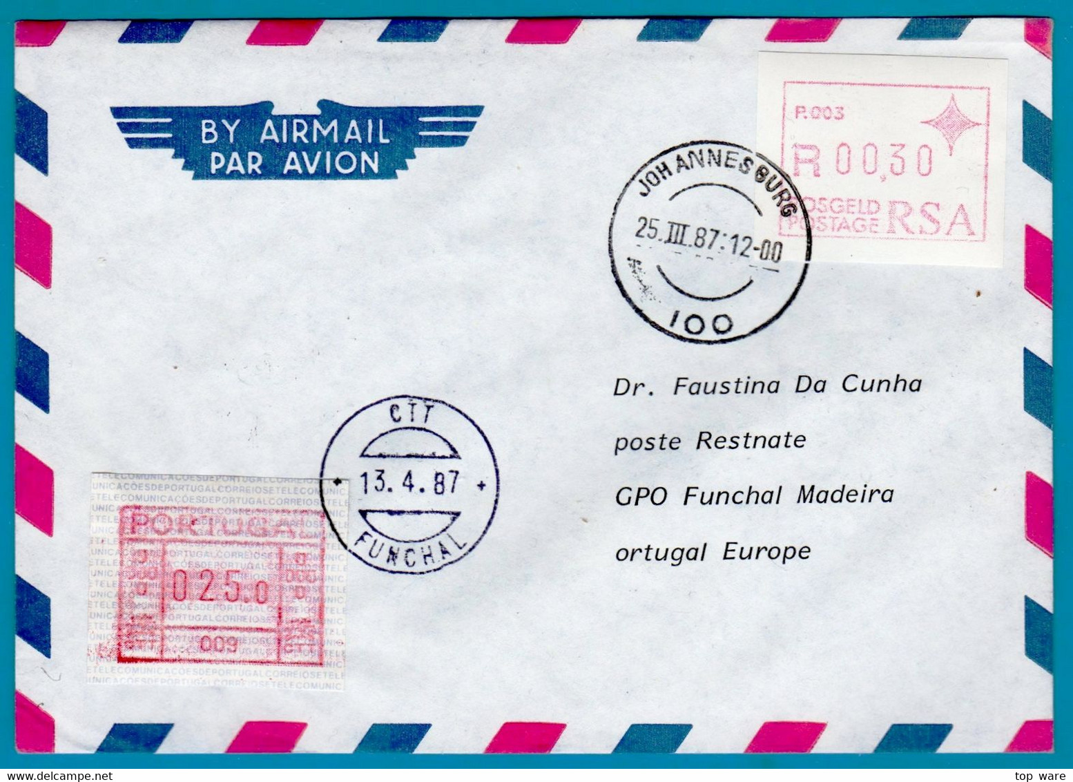 Süd Afrika / South Africa / RSA Johannesburg ATM P.003 Letter Poste Restante / Portugal $25 Frama 009 / Automatenmarken - Viñetas De Franqueo (Frama)