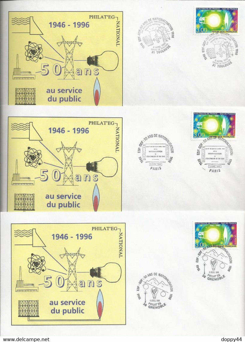 FDC  50 ANS D'EDF  LES 3 ENVELOPPES  PARIS/TOULOUSE/GRENOBLE  DU 08/04/1996 COTE 12 EUROS - Matasellos Provisorios