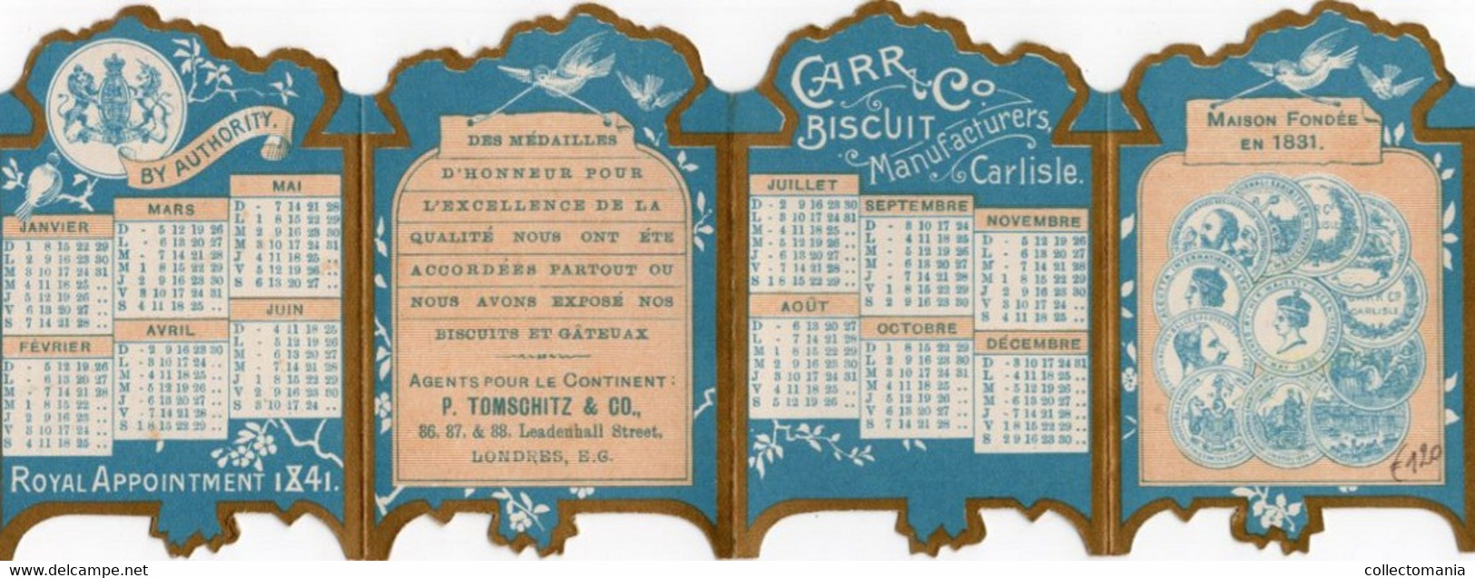 1 Card Calendar 1893 Carr & Co's Biscuits Manufacturers Carlisle - Small : ...-1900