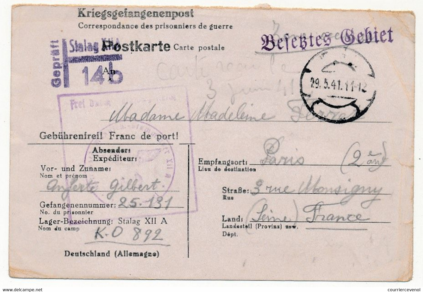 KRIEGSGEFANGENENPOST - Carte Postale Provenant Du Stalag XIIA - Censeur 14b - 1941 - Prisonnier Français - Guerre De 1939-45